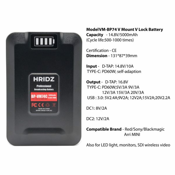 HRIDZ VM-BP74 V Lock V Mount Battery - 74Wh 14.8V 5000mAh Li-ion Battery Online Hot Sale