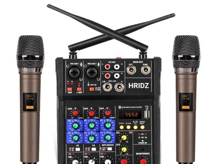 HRIDZ 4 Channel Audio Mixer Karaoke Machine with 2 Wireless Microphones Mixing Console For Discount