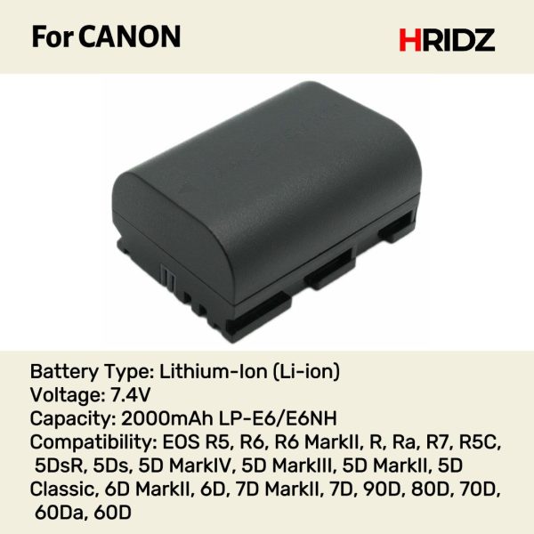 HRIDZ LP-E6 E6NH Batteries & Charger Pack for Canon R7 R6 5D 6D 7D 90D 80D 70D 60D E6NH Cheap